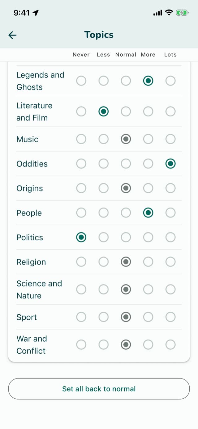 The Topics screen, with Legends and Ghosts turned up and Politics turned down