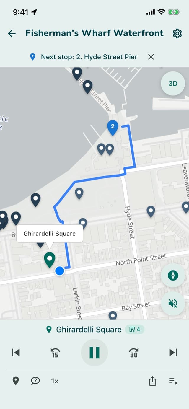 A Mira tour in progress, with the route and the next stop on the map
